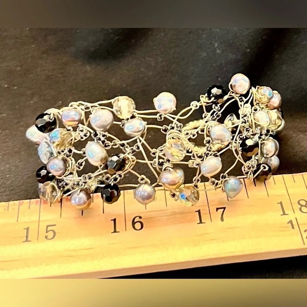 Vintage Handmade Wire Wrapped Bracelet Freshwater Pearl Aurora Borealis Bead Art